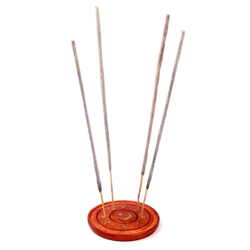 Mango hout ronde wierookhouder maan sterren inleg