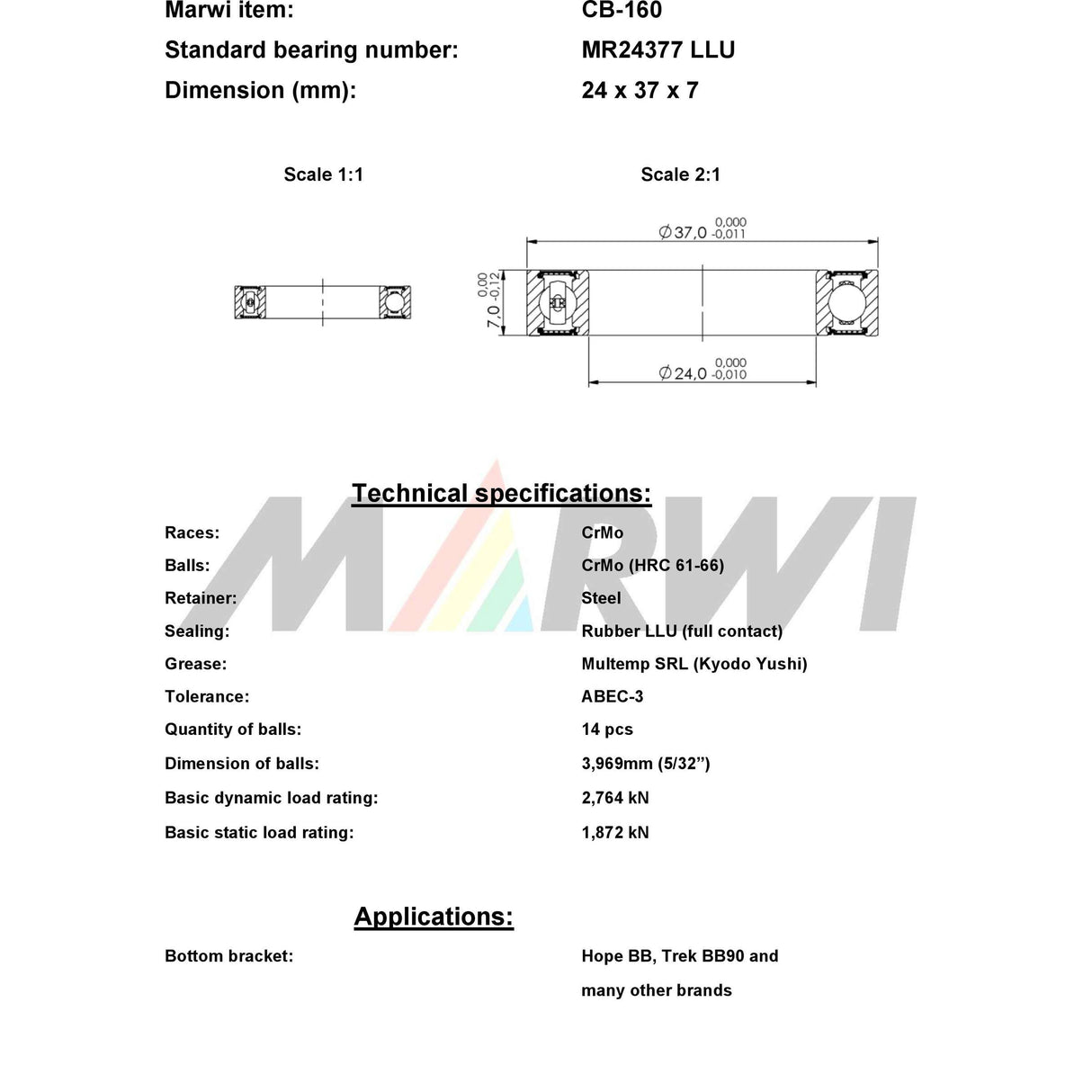 Marwi union kogellager cb-160 mr24377 24x37x7 2rs