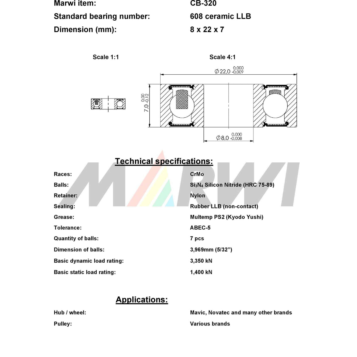 Marwi union kogellager cb-320 608 llb 8x22x7 keramisch