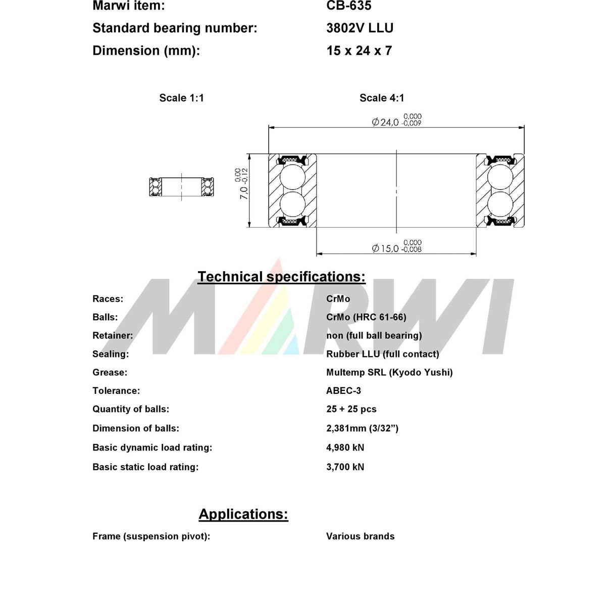 Union kogellager max cb-635 3802v 15x24x7