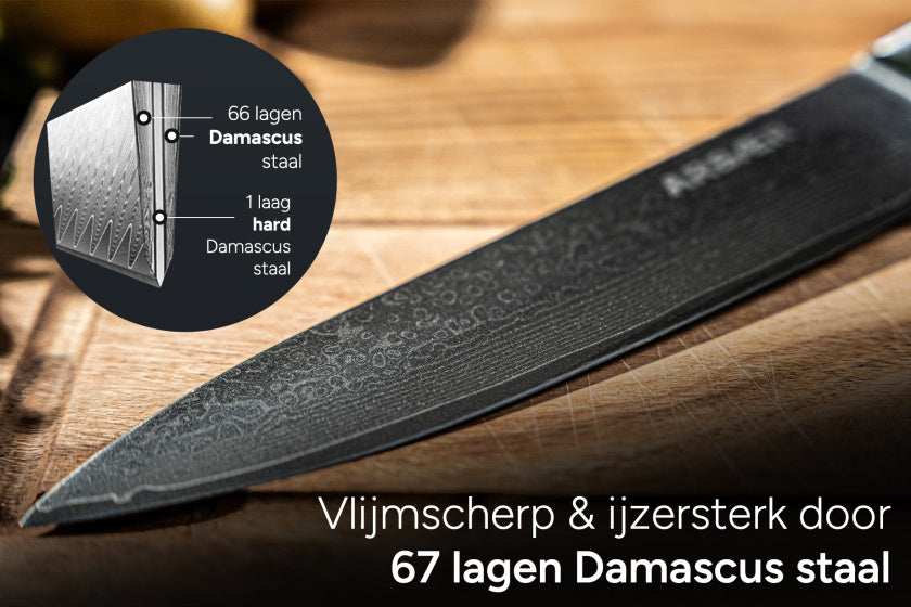 Arbaer santoku koksmes 18,5 cm damascus staal olijfhouten handvat japans