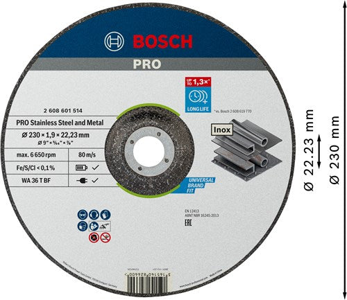 Bosch accessoires pro stainless steel and metal bonded cutting disc | 230 x 1.9 x 22.23 mm | with depressed centre - 2608601514