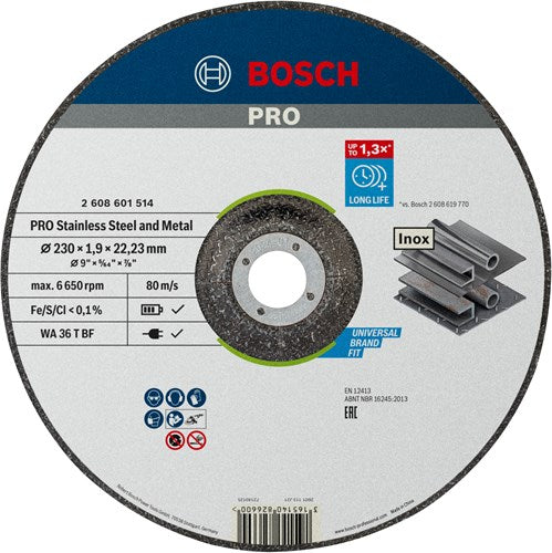 Bosch accessoires pro stainless steel and metal bonded cutting disc | 230 x 1.9 x 22.23 mm | with depressed centre - 2608601514