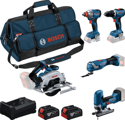 Bosch blauw bosch professional 5-toolkit 18v - gereedschap combiset - gsr 18v-65 - gdx 18v-285 - gks 18v-57-2 - gop 18v-34 - gst 18v-125 s - gba 18v 5.0 ah - gal 12v 18v-80 lader