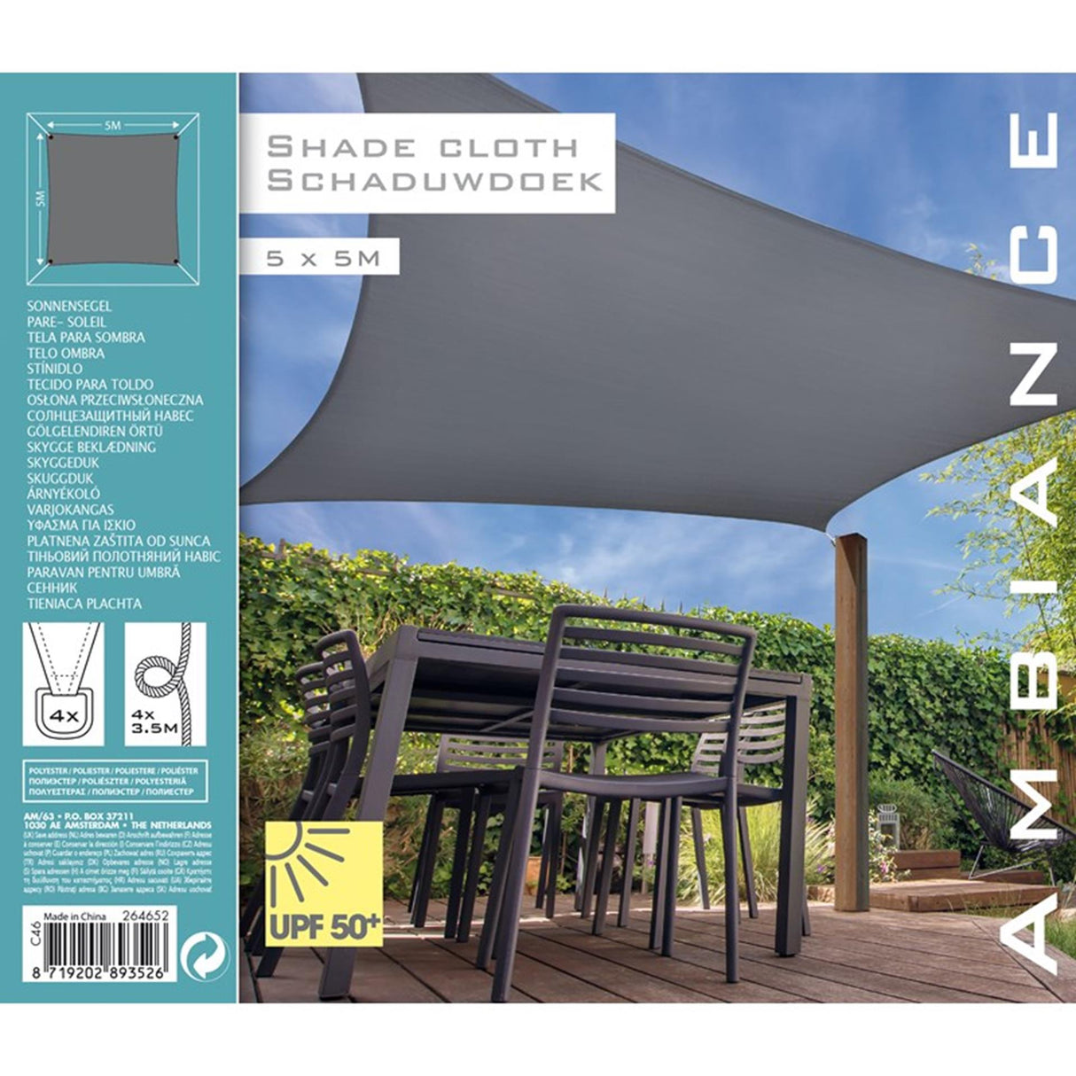 Pro garden schaduwdoek vierkant 5x5m donkergrijs