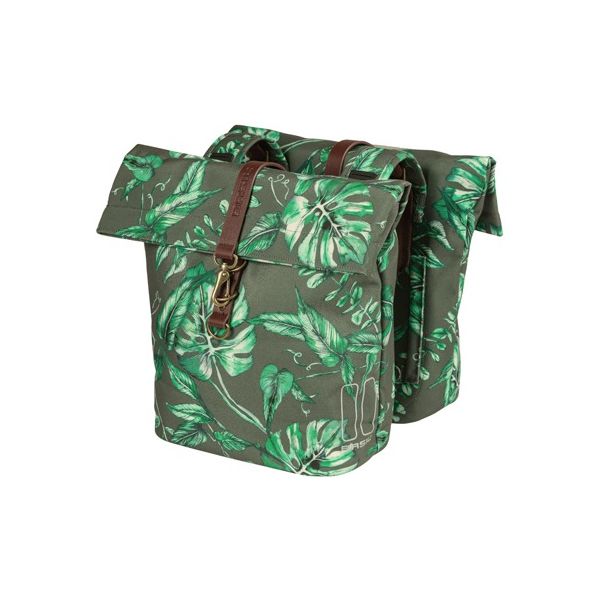 Basil Ever-Green dubbele fietstas, gerecycled PET, waterkerende vouwsluiting, vegan leather, 28-32L, thyme groen