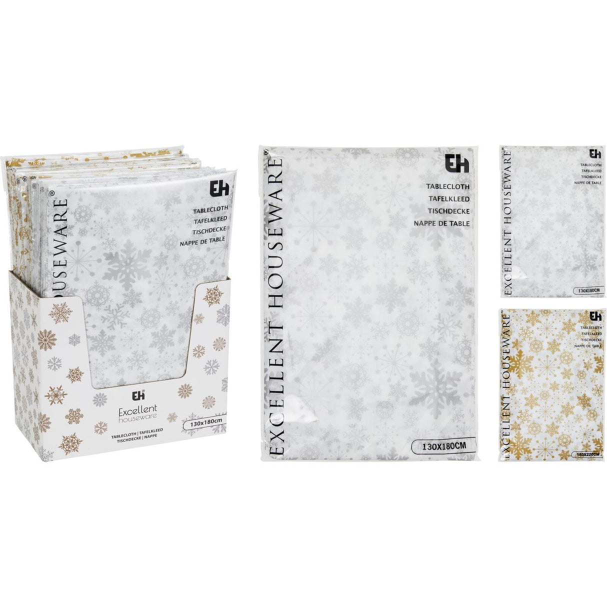 Excellent houseware tafelkleed flanel sneeuwvlokken wit goud130x180cm