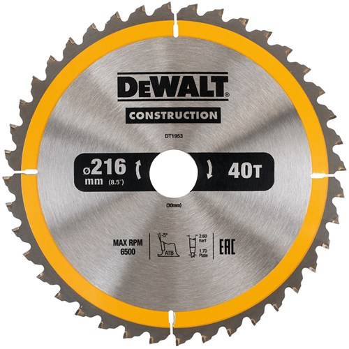 Dewalt accessoires dewalt dt1953-qz serie - cirkelzaagblad - 216mm - 40 tanden - voor hout en composiet