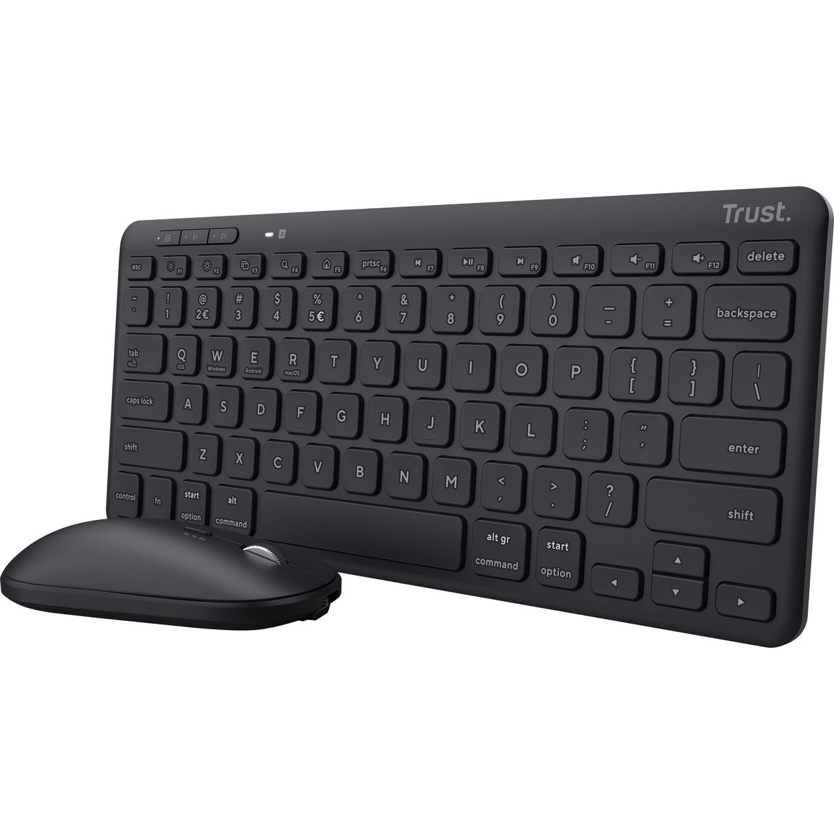 Trust lyra multi-device wireless keyboard mouse desktopset (zwart, us lay-out (qwerty), scissor switches, 65%, 800 - 1.600 dpi, 2,4 ghz usb, bluetooth)