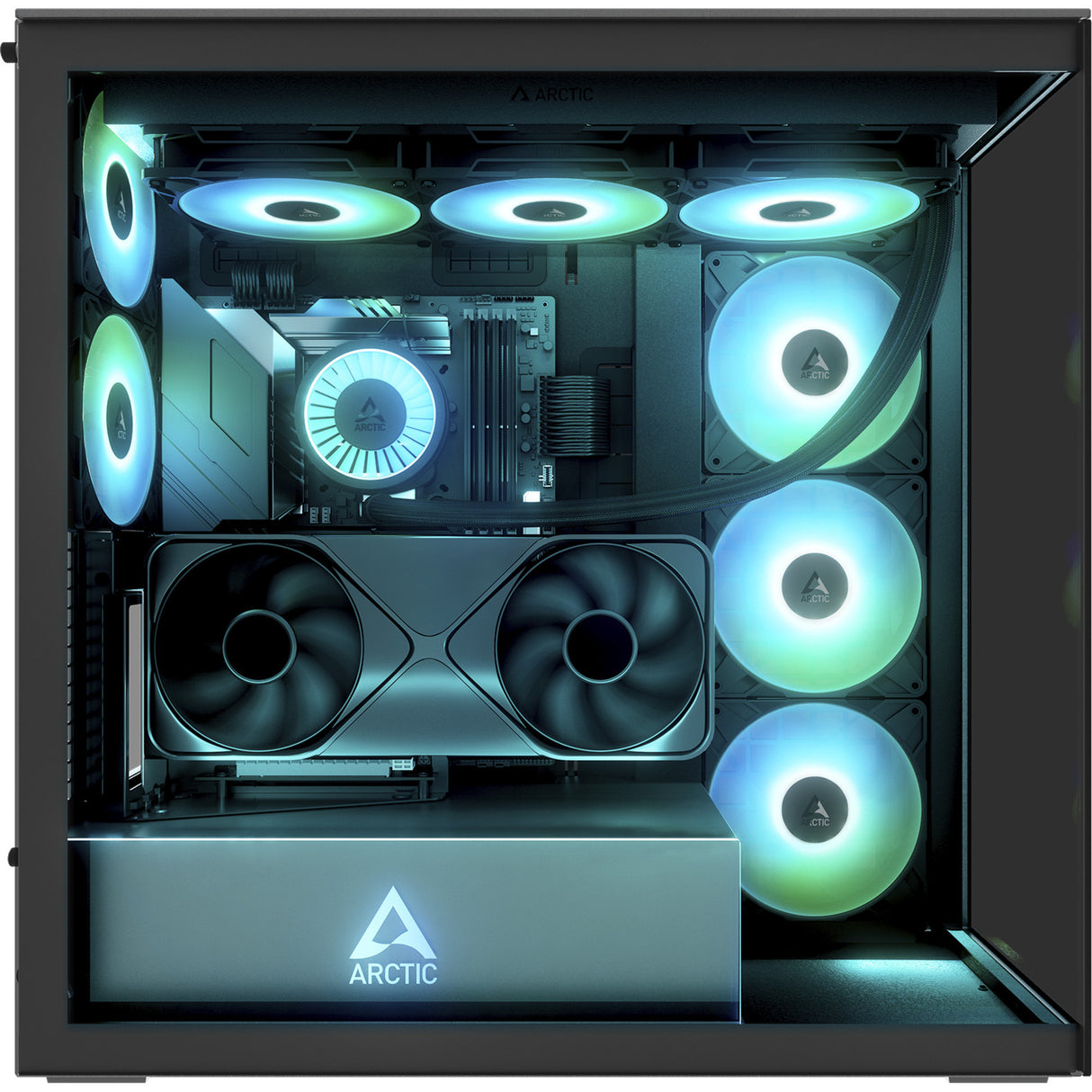 Arctic xtender vg midi tower behuizing (zwart | 2x usb-a | 1x usb-c | rgb | tempered glass)