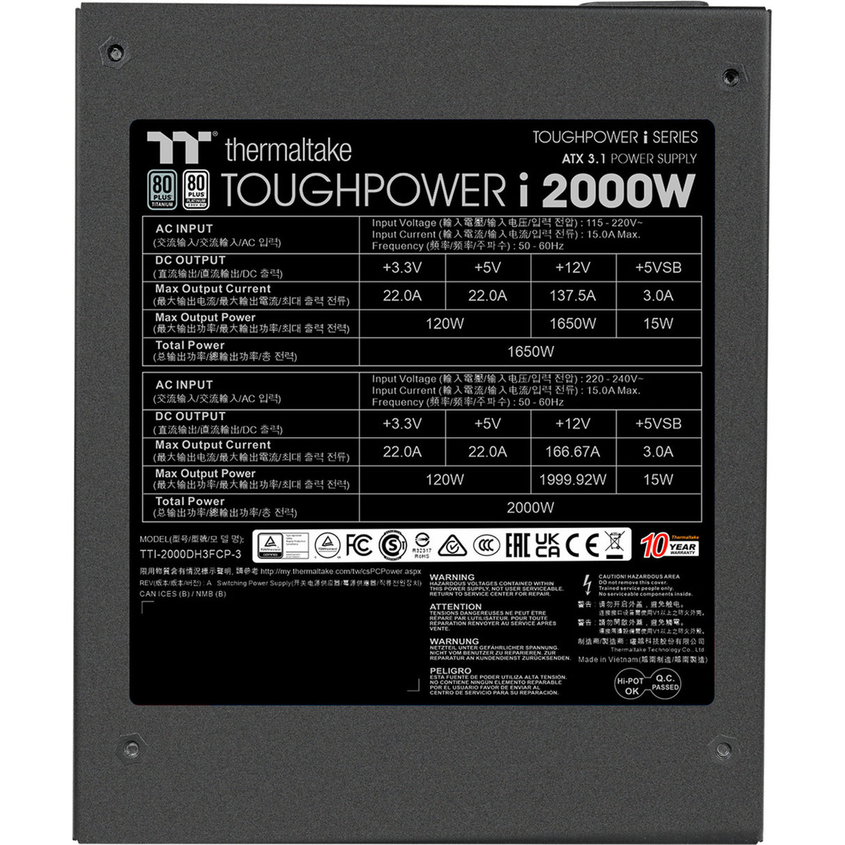 Thermaltake toughpower i modulaire 2000 watt voeding (zwart, 4x 12v-2x6, 8x pcie)