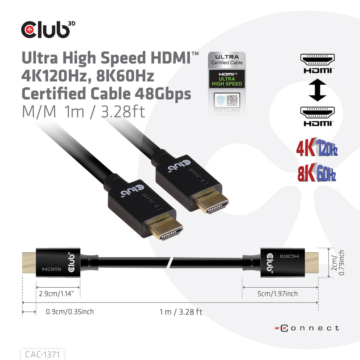 Club 3d gecertificeerde ultra high speed hdmi 2.1 kabel (zwart, 1 meter, 8k)