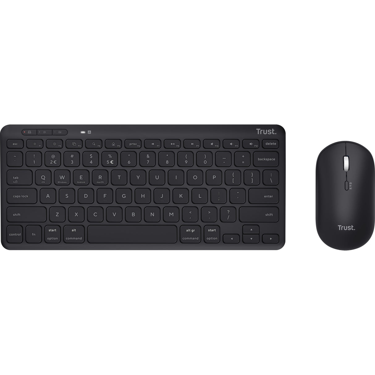 Trust lyra multi-device wireless keyboard mouse desktopset (zwart, us lay-out (qwerty), scissor switches, 65%, 800 - 1.600 dpi, 2,4 ghz usb, bluetooth)