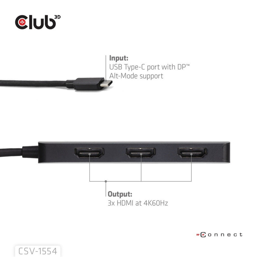 Club 3d usb-c naar 3x hdmi hub (zwart)