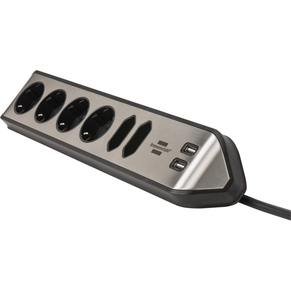 Brennenstuhl ®estilo hoekaansluitdoosstrook met usb laadfunctie 6-weg 4x b eschermend contactdoos 2x euro zilver zwart