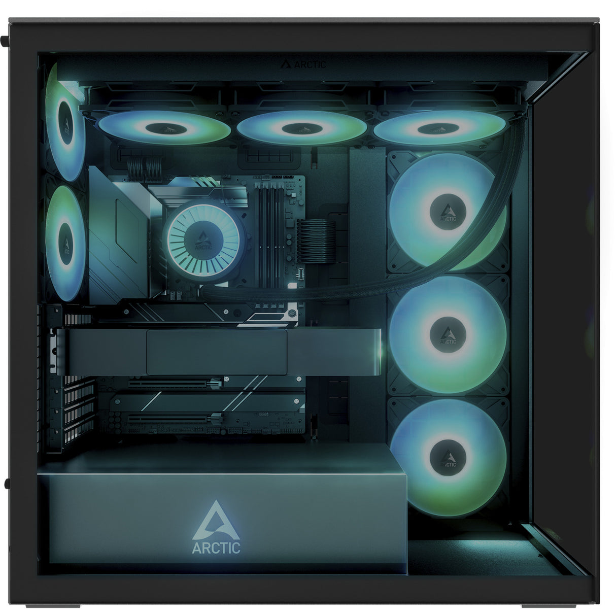 Arctic xtender vg midi tower behuizing (zwart (mat) | 2x usb-a | 1x usb-c | rgb | tempered glass)