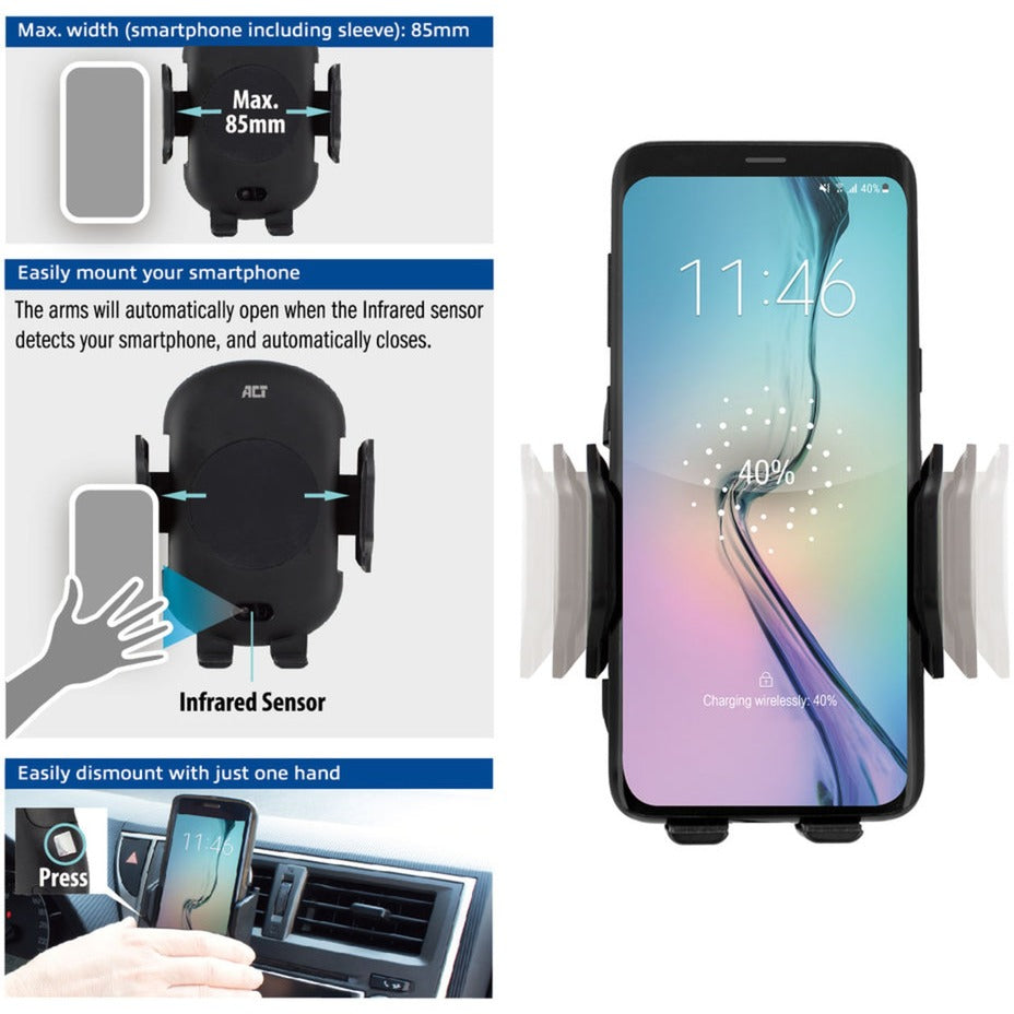 Act connectivity automatische smartphone autohouder met draadloze snellaadfunctie (zwart)