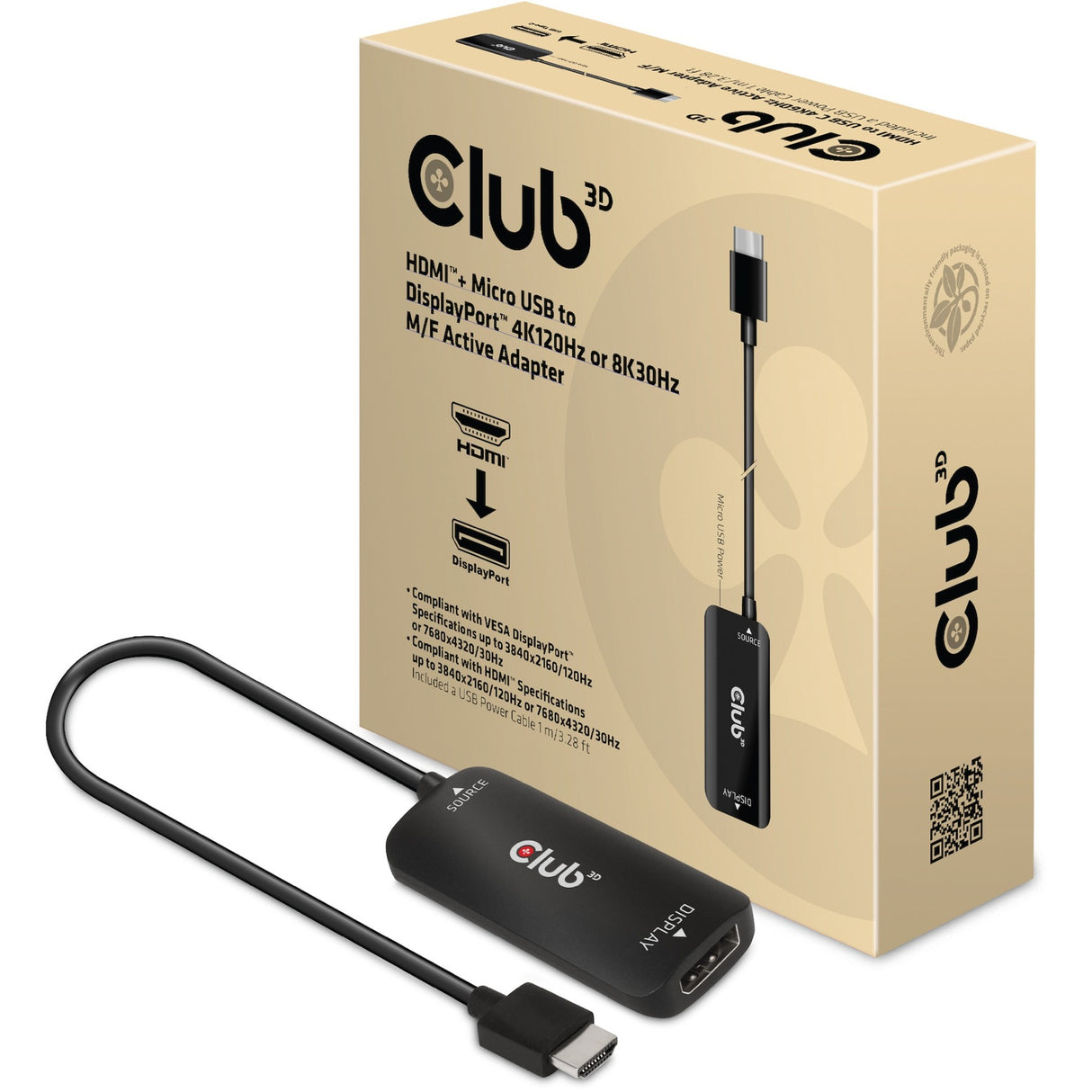 Club 3d hdmi + micro-usb naar displayport actieve adapter (zwart, 8k)