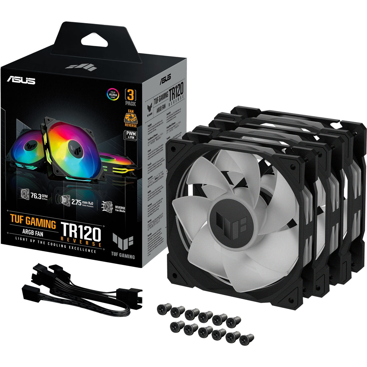 Asus tuf gaming tr120 argb reverse case fans (zwart, 3 stuks, 120 x 120 x 28 mm)