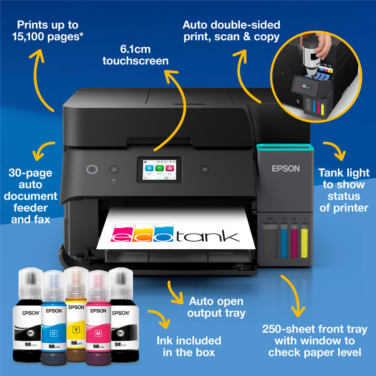 Epson ecotank et-4950 all-in-one inkjetprinter (zwart, faxen, scannen, kopiëren, wifi, inclusief tot 3 jaar inkt)