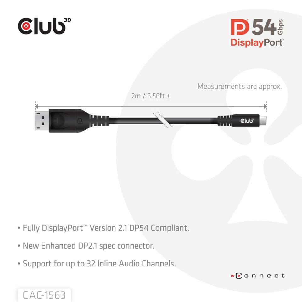 Club 3d usb-c naar displayport 2.1 kabel (zwart, 2 meter)