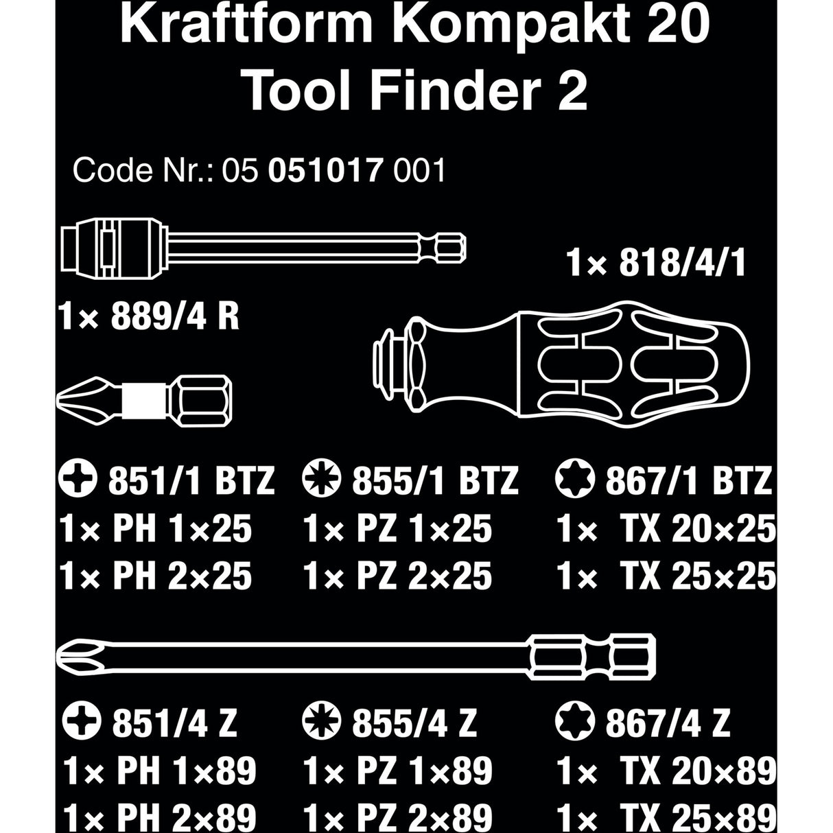 Wera kraftform kompakt 20 tool finder 2 met etui bitset (zwart groen, 13-delig)