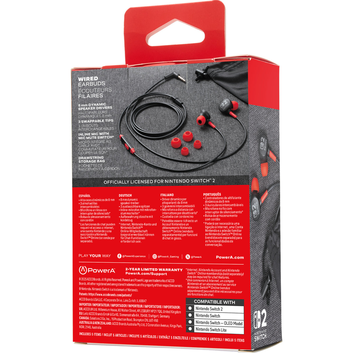 Powera bedrade oordopjes voor nintendo switch 2 in-ear (zwart rood, nintendo switch 2, nintendo switch, nintendo switch - oled model, nintendo switch lite)