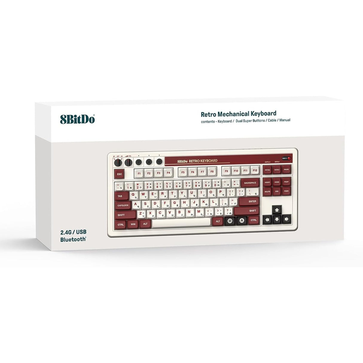 8bitdo retro mechanical keyboard fami edition (beige, us lay-out (qwerty), kailh box white, 80% (tkl), bluetooth low energy, wireless 2.4g, usb)