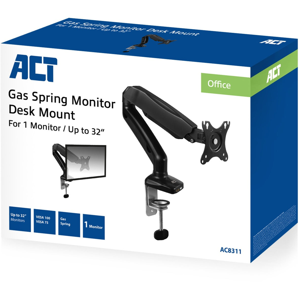 Act connectivity monitorarm office met gasveer, 1 scherm (zwart)