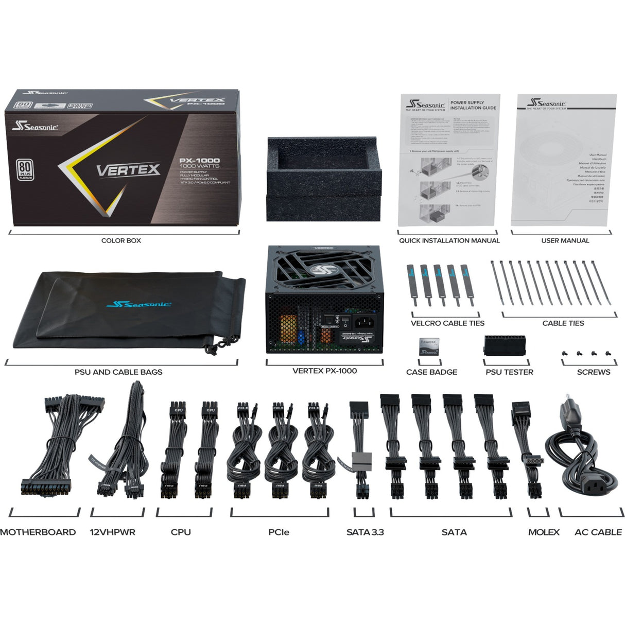Seasonic vertex px-1000 modulaire 1000 watt voeding (zwart, 1x 12v-2x6, 3x pcie)