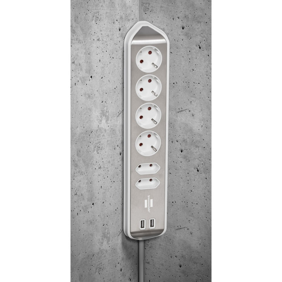 Brennenstuhl ®estilo hoekaansluitdoosstrook met usb laadfunctie 6-weg 4x beschermende contactdozen 2x euro zilver wit