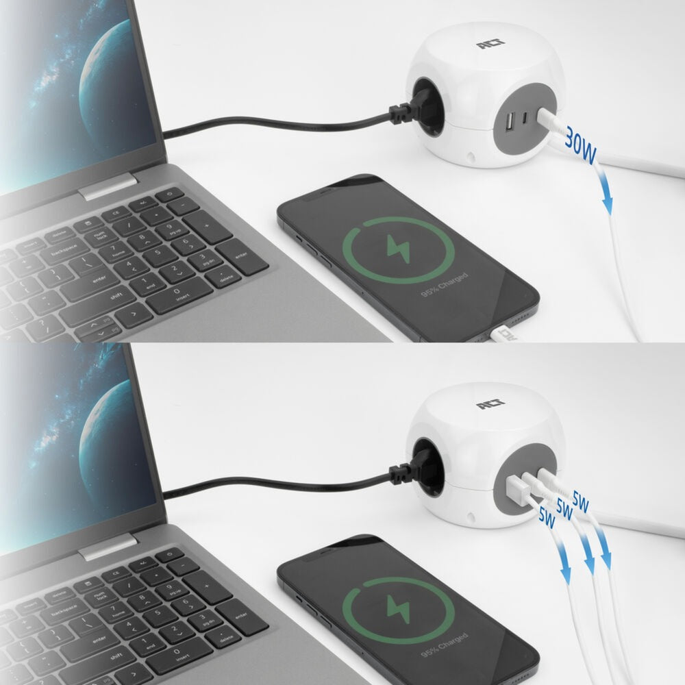 Act connectivity act stekkerdoos kubus met 3 stopcontacten, 30w power delivery usb-c a poorten, kabellengte 1,5m ac2425