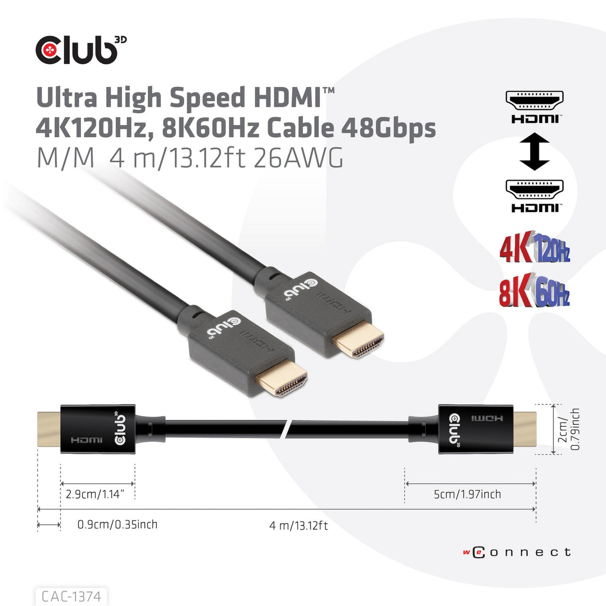 Club 3d ultra high speed hdmi 2.1 male-male kabel (zwart, 4 meter, 4k 120hz, 8k 60hz, 48gbps)