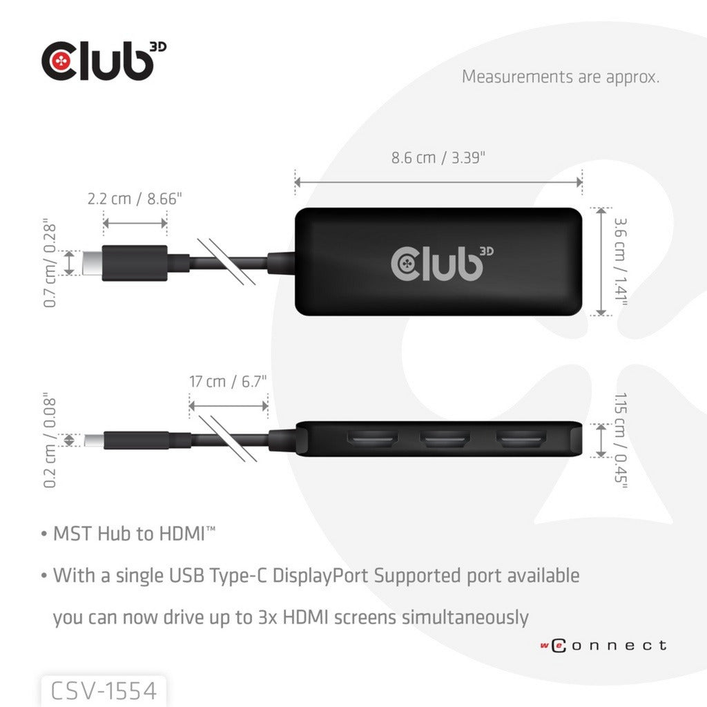Club 3d usb-c naar 3x hdmi hub (zwart)