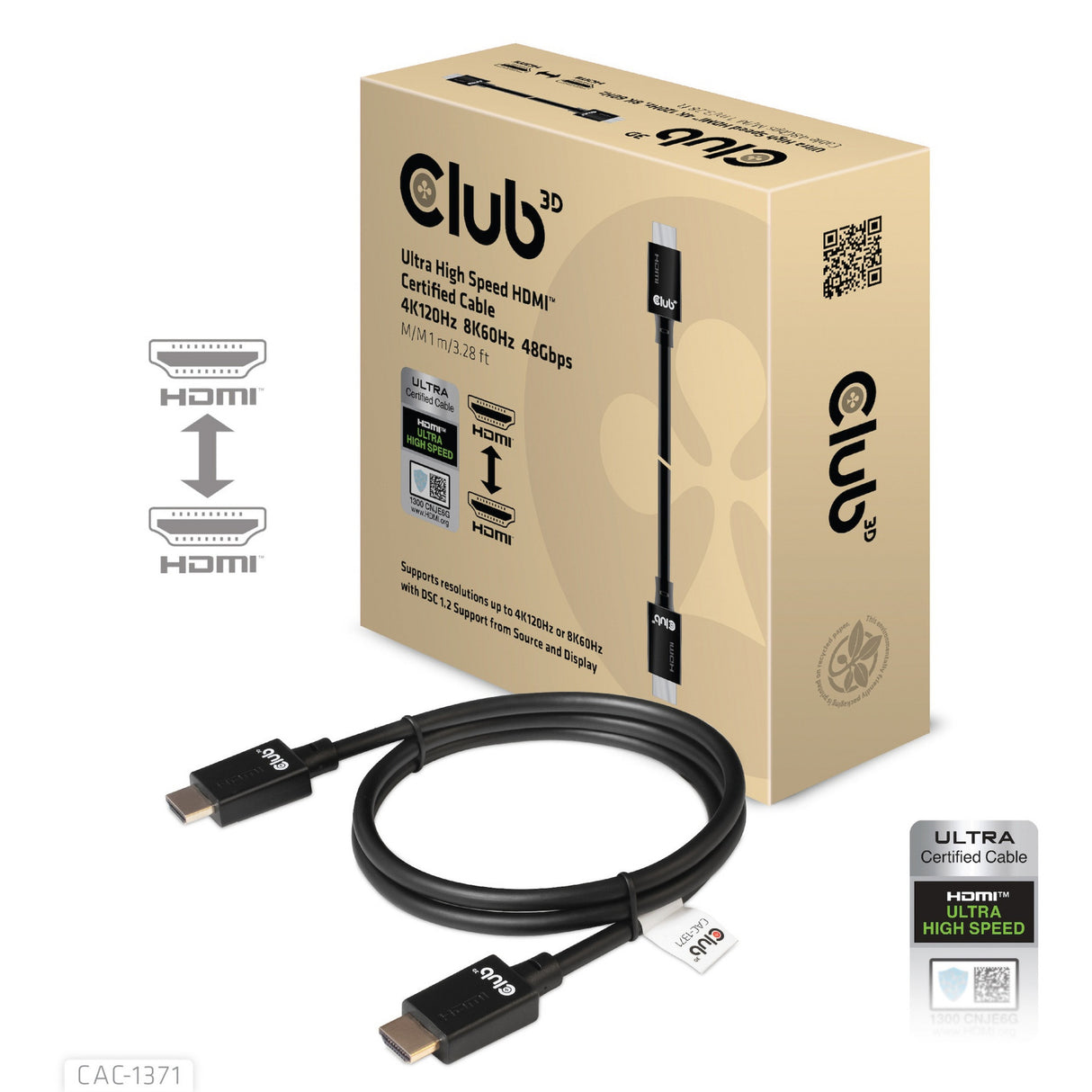Club 3d ultra high speed hdm kabel (zwart, 1 meter, 4k 120hz, 8k 60hz, 48gbps)