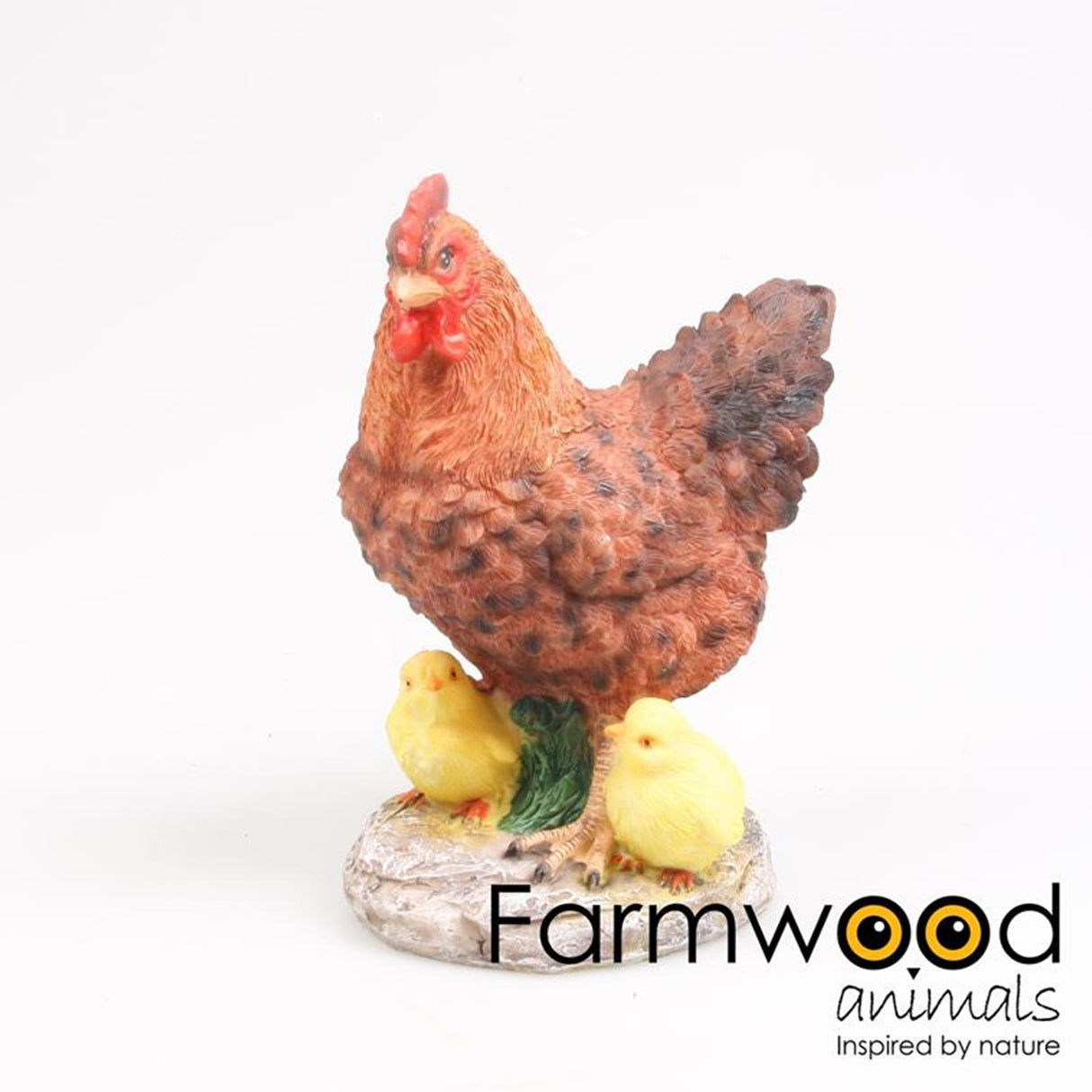 Farmwood animals tuinbeeld kip + kuikens bruin 15x11x20cm