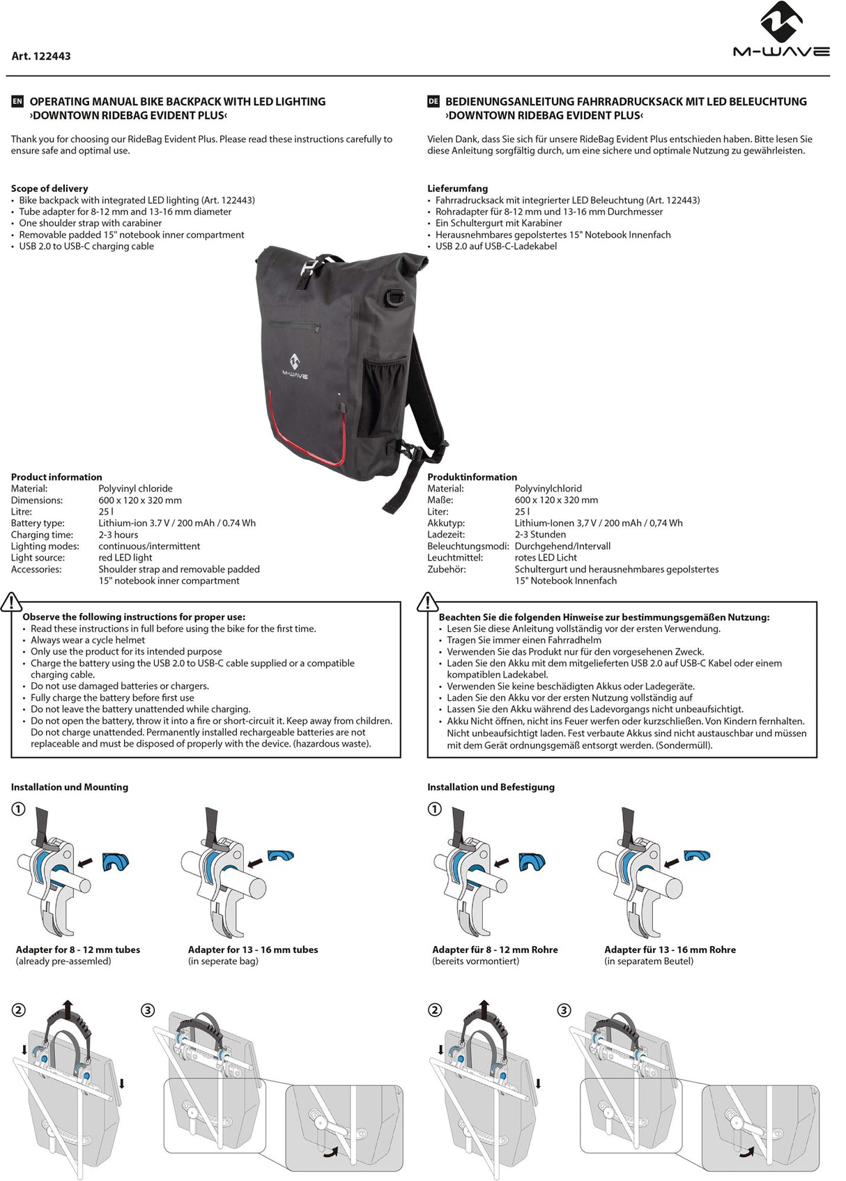 M-wave downtown ridepack evident 2in1 backpack bag