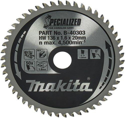 Makita accessoires makita cirkelzaagblad voor aluminium | specialized | ø 136mm asgat 20mm 50t - b-40303