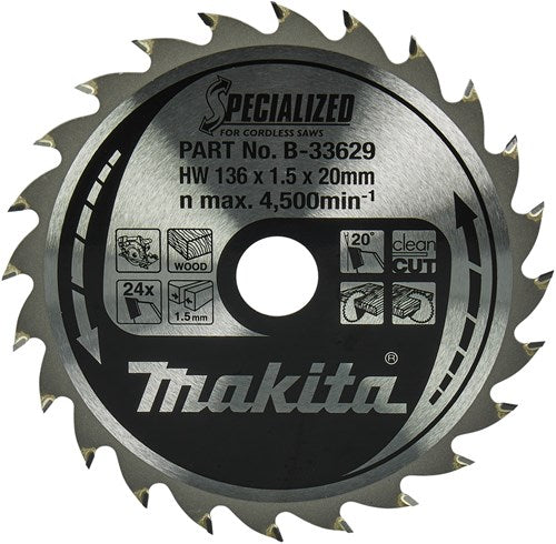 Makita accessoires makita cirkelzaagblad voor hout | specialized | ø 136mm asgat 20mm 24t - b-33629
