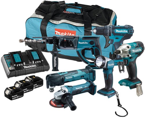 Makita dlx6100px1 | lxt accu combiset 18v dhp482 + dhr202 + dtm51 + dtd156 + dga452 + dml802 in tas (3x 3.0ah accu + dc18rd duolader) - dlx6100px1