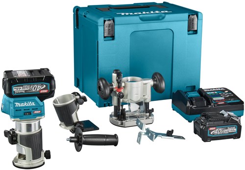 Makita rt001gm205 boven- en kantenfrees | 40 v max | 2 x 4.0 ah accu + snellader | incl. diverse voeten | in mbox rt001gm205