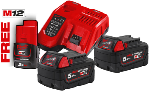 Milwaukee m18 nrg-502 | accu starterset 18v (2x 5.0ah accu + m12-m18 snellader) - 4933459217