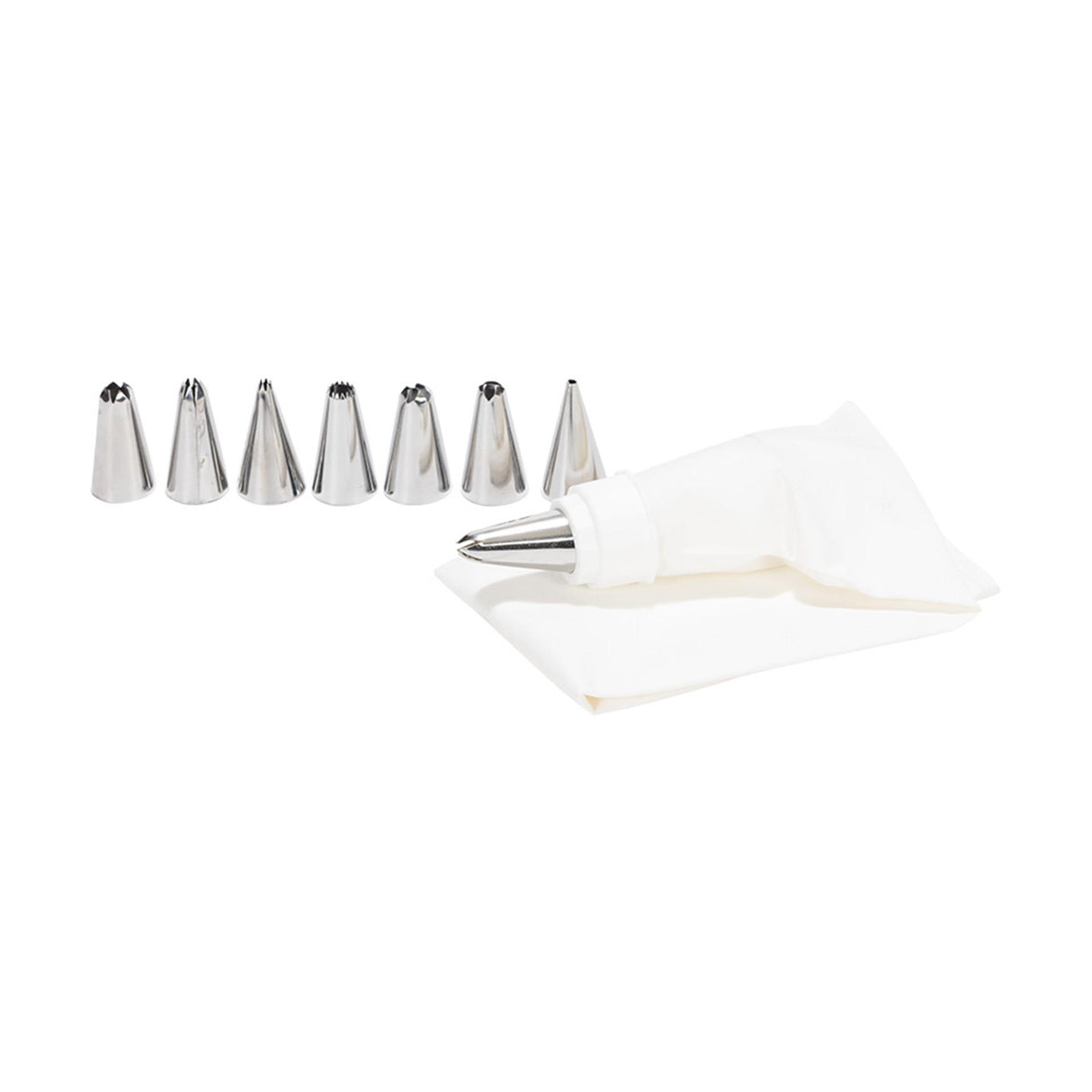 Patisse decoreerset 9 delig- 1 katoenen spuitzak met een afmeting van 33 cm en 8 stuks rvs spuitmondjes.<br>