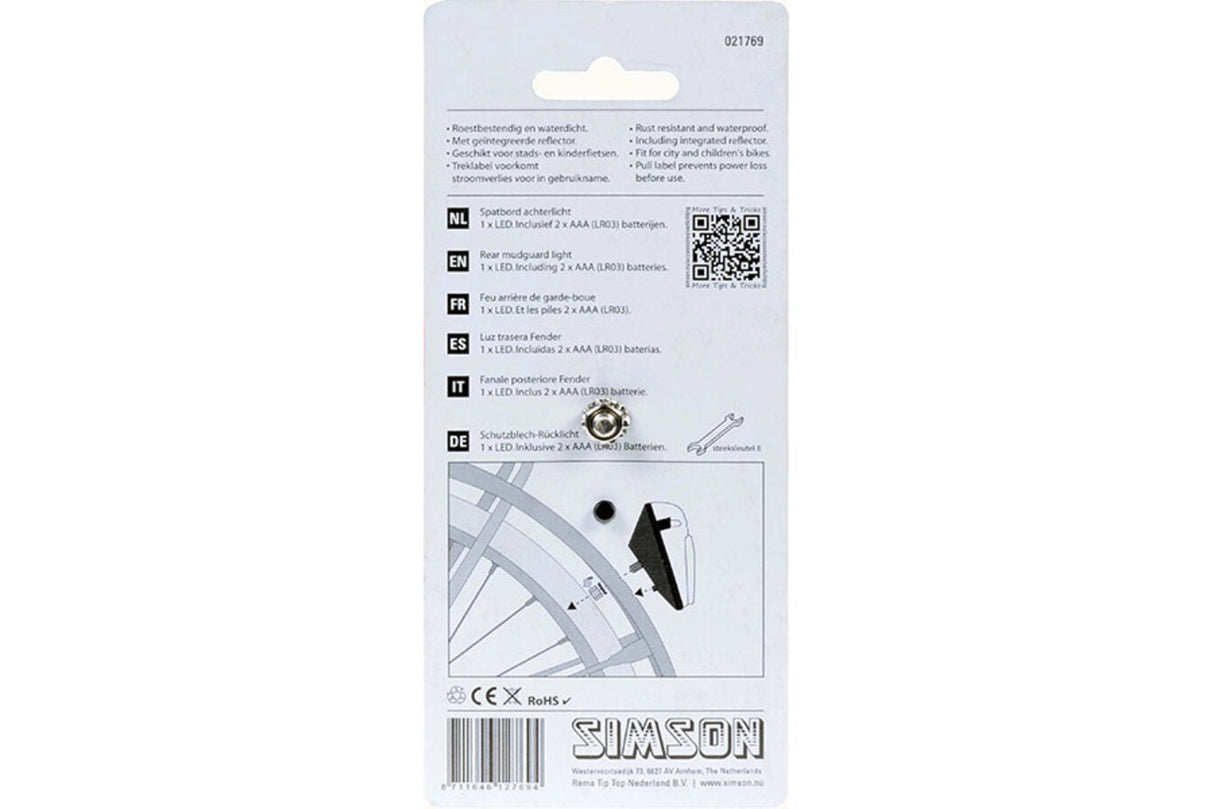 Simson spatbordachterlicht LED incl. batterijen op kaart