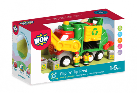 Wow toys flip 'n' tip fred - batterijloze vuilniswagen - push go recyclingtruck met 2 afvalverzamelaars 3 containers - bpa-vrij vaatwasserbestendig - vanaf 1 tot 5 jaar
