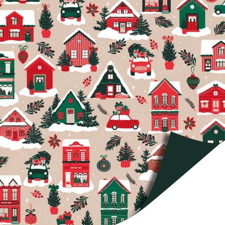 Kassaplan coated cadeaupapier dubbelzijdig 50cm 100m winter houses groen