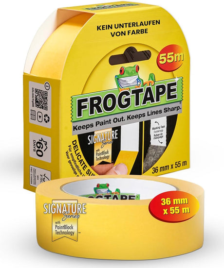 Kip frogtape delicate surface - afplaktape schilderstape - geel 36 mm x 55 m voor strakke lijnen zonder verfdoorloop - geschikt voor alle verftypes binnen en buiten op ruwe of vochtige oppervlakken - stevige papieren professionele kwaliteit
