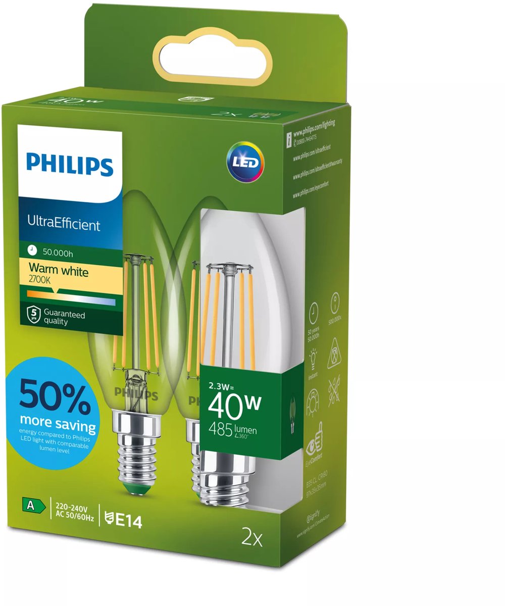 Philips led philips ultra efficient led kaarslamp transparant - 40 w - e27 - warmwit licht