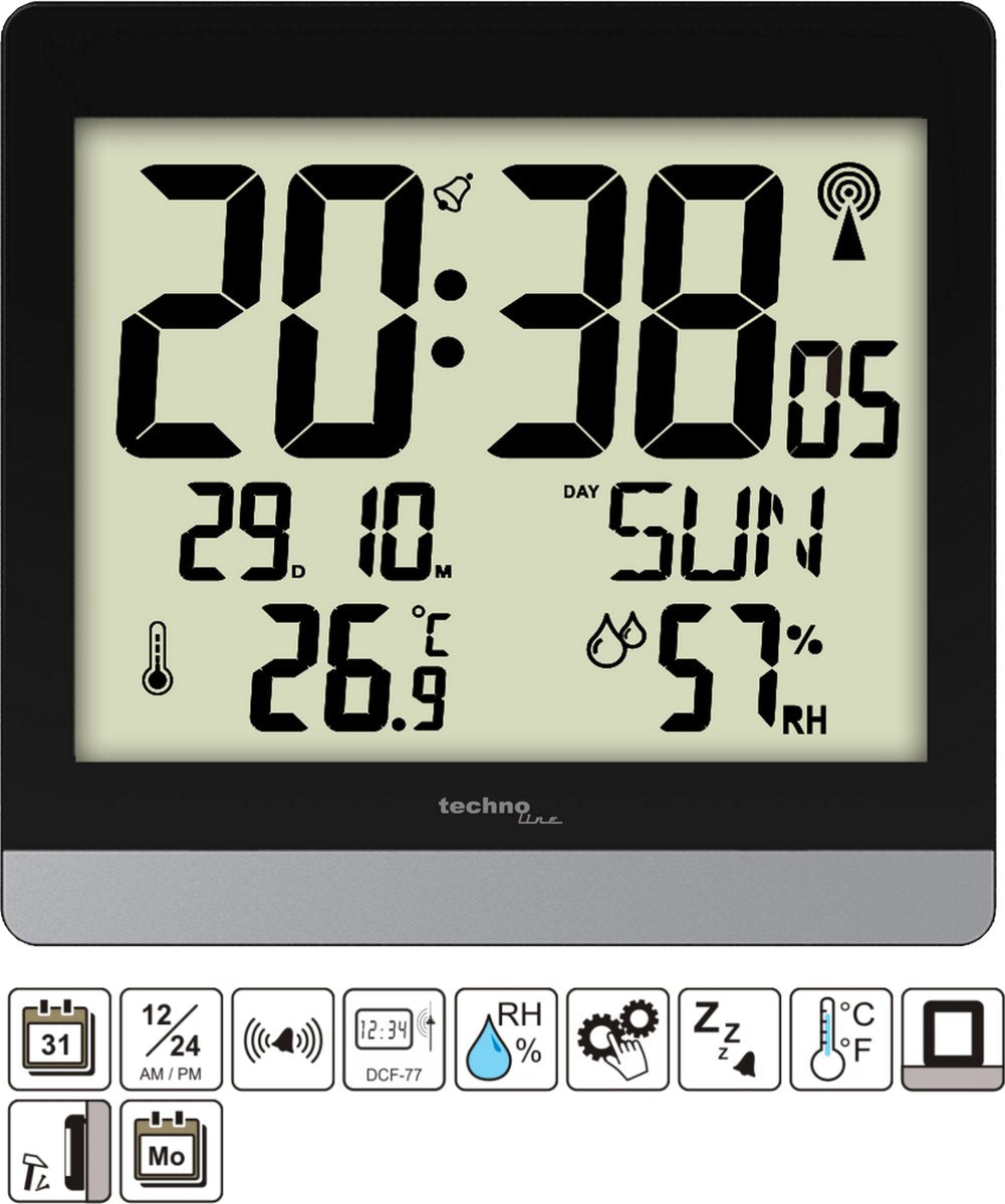 Technoline digitale radiogestuurde wandklok tafelklok - thermometer hygrometer - datum - snooze functie ws 8014