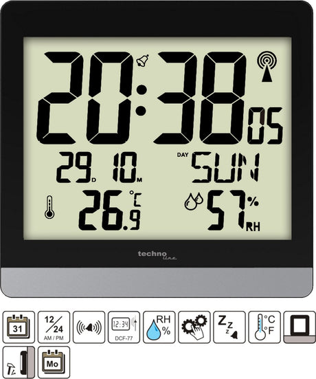 Technoline digitale radiogestuurde wandklok tafelklok - thermometer hygrometer - datum - snooze functie ws 8014